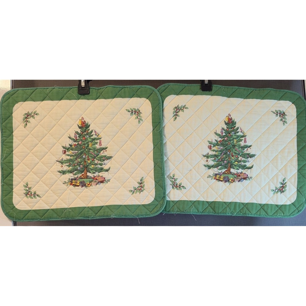 Vintage Spode Christmas Tree Quilted Placemats Set of 2 Green 16x13 Holiday